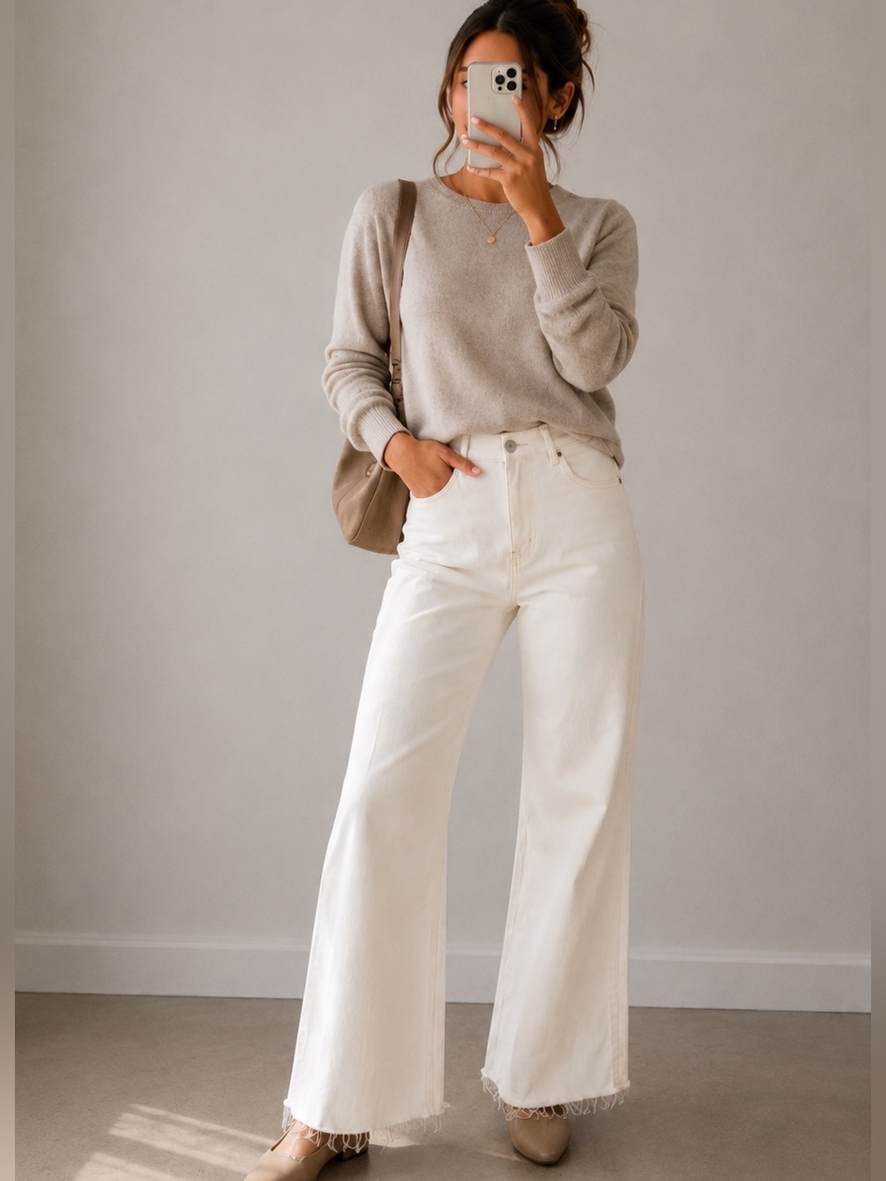 High-Rise Wide-Leg Jeans in Off-White with Frayed Hem